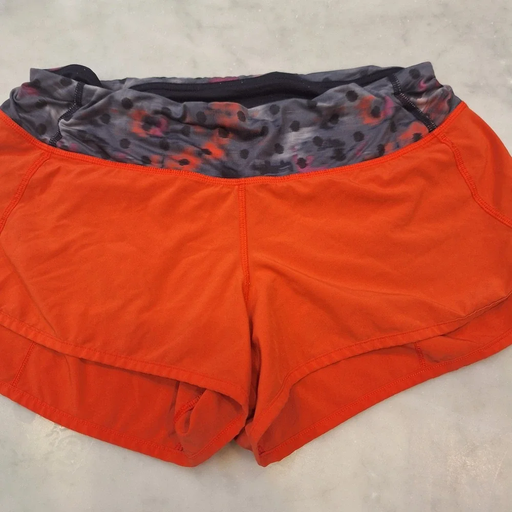 Lululemon Speed Up Shorts Sz 6 Orange Patterned Waistband Running Athletic Cheer